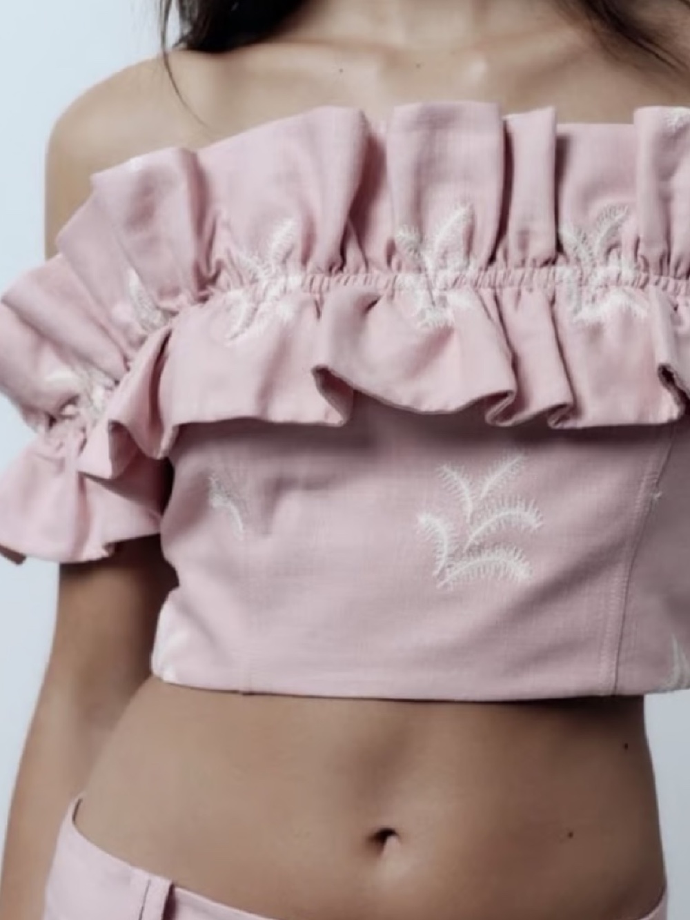 Zara Pink Ruffle Off-Shoulder Crop Top